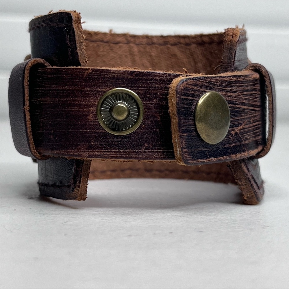 Boho Hand Stamped Metal Plate Follow Your Arrow Leather Cuff Bracelet - Picture 3 of 7